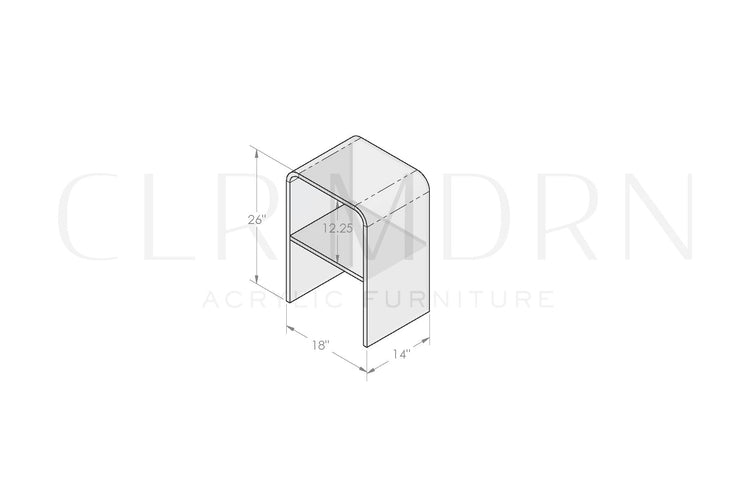 Diagram of a clear acrylic waterfall edge nightstand showing dimensions of 26"H x 14"W x 18"L.