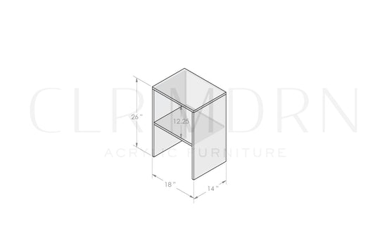 Diagram of a clear acrylic slab nightstand showing dimensions of 26"H x 14"W x 18"L.